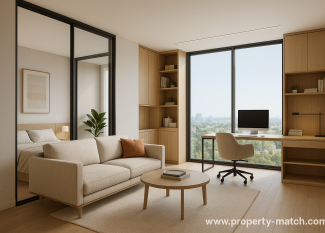 "3D render of a modern condo in 2025 with modular layout and smart design"