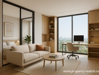 "3D render of a modern condo in 2025 with modular layout and smart design"