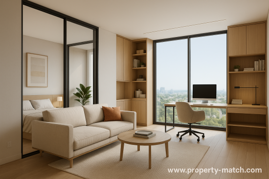 "3D render of a modern condo in 2025 with modular layout and smart design"