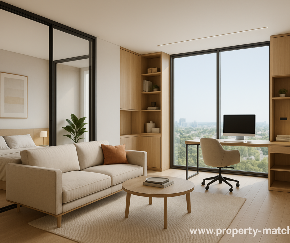 "3D render of a modern condo in 2025 with modular layout and smart design"