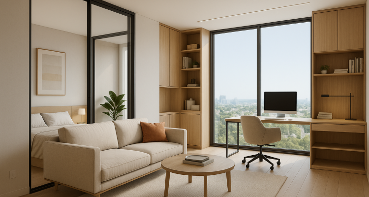 "3D render of a modern condo in 2025 with modular layout and smart design"